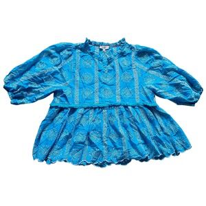 Umgee Blue‎ Embroidered Peplum Top Blouse Puff Sleeve Ruffle Neckline XL